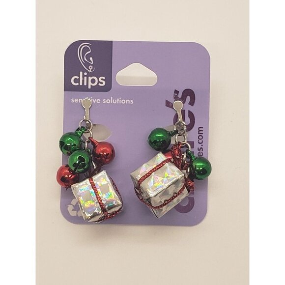 Claires Holiday Gift Box Clip On Earrings Christmas Bells Red Green Silver - Picture 1 of 1